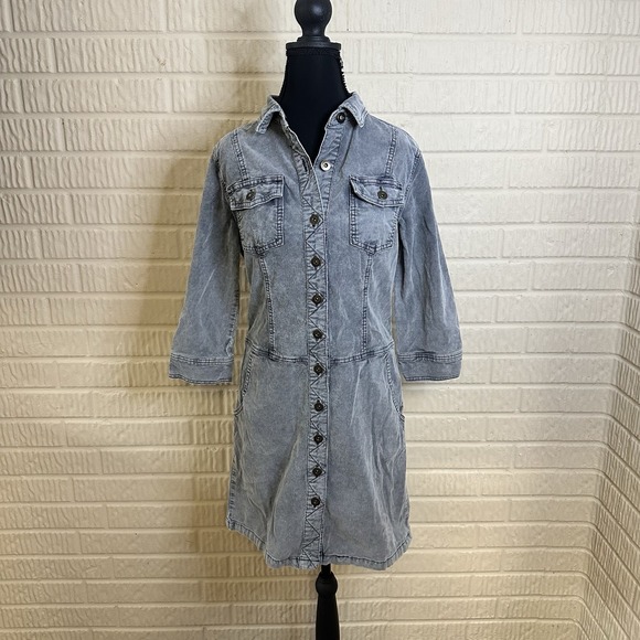 Prana Dresses & Skirts - PrAna Corduroy Merrigan Shirt Dress Sz XS Gray Utility Gorpcore 3/4 Sleeve Goth